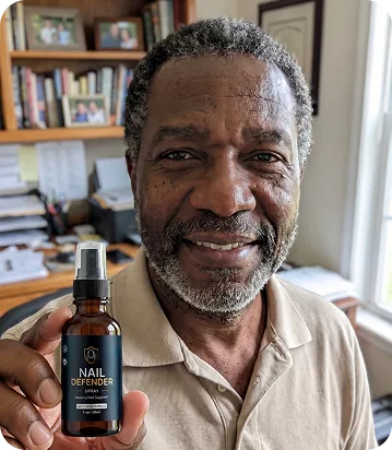 Raymond holding a Nail Defender Spray bottle