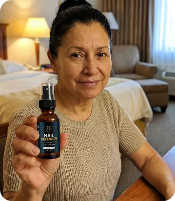 Marisol holding a Nail Defender Spray bottle